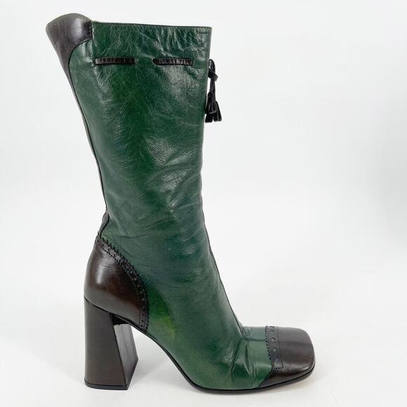 Prada Fall/Winter 1999 Green & Brown Leather Mid-Calf Block Heel Boots IT 37 - Picture 2 of 15